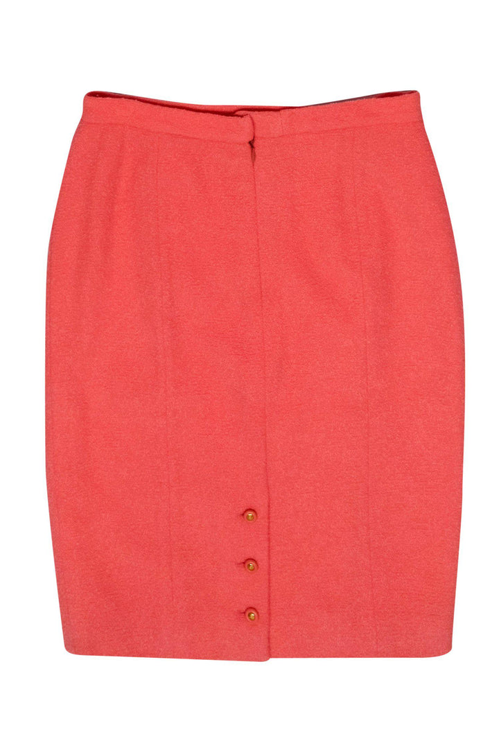 Top Quality Chanel - Coral Tweed Pencil Skirt w/ Golden Button Accents Sz 8
