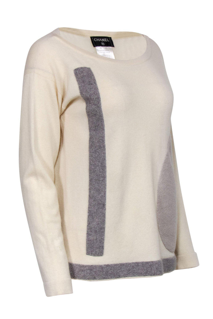 Top Quality Chanel - Cream & Gray Patchwork Cashmere Sweater w/ Pocket Sz 2