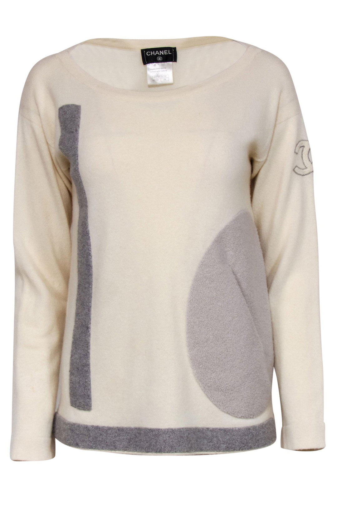 Top Quality Chanel - Cream & Gray Patchwork Cashmere Sweater w/ Pocket Sz 2