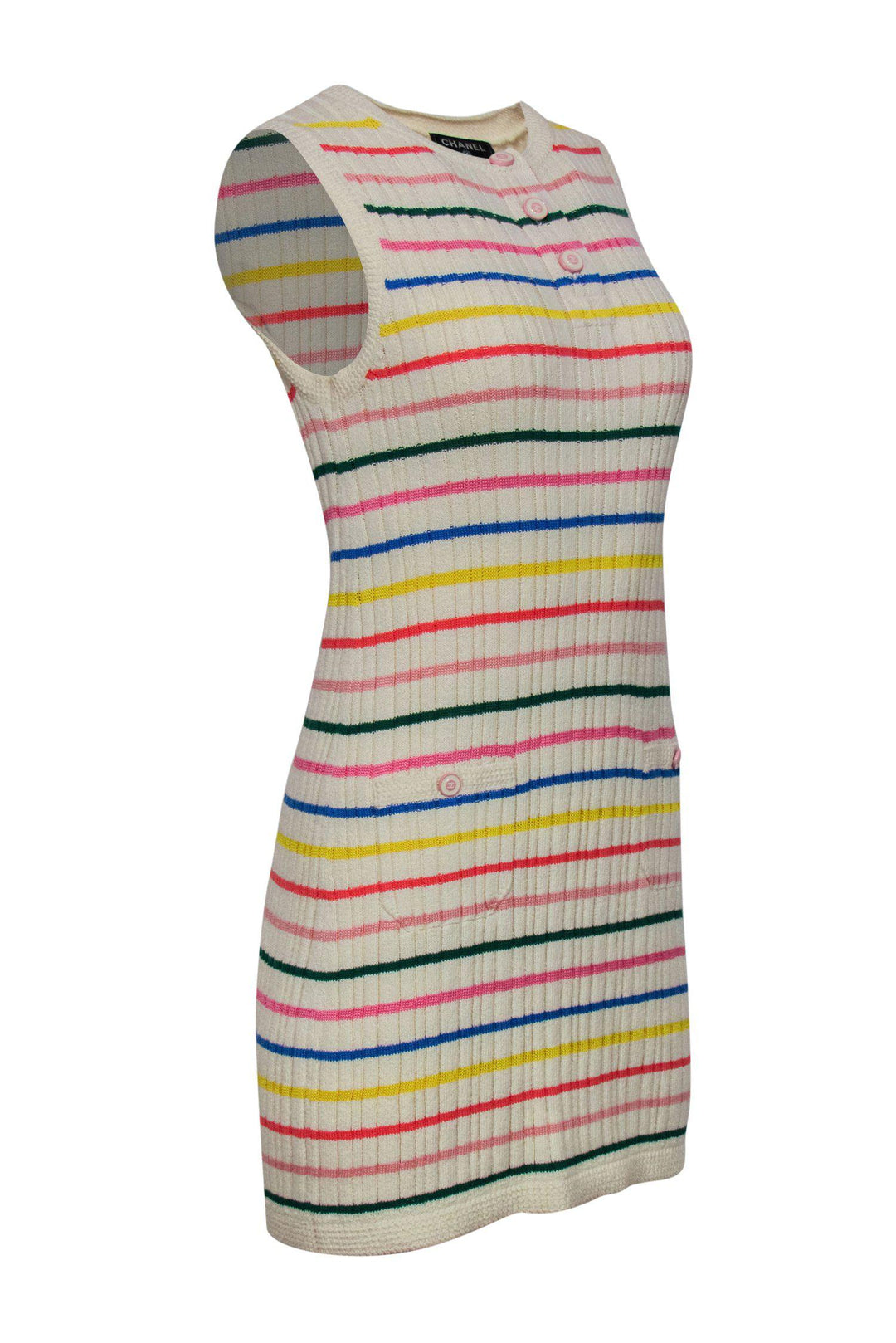 Top Quality Chanel - Cream & Multicolored Striped Sleeveless Ribbed Knit Sweater Dress Sz 4