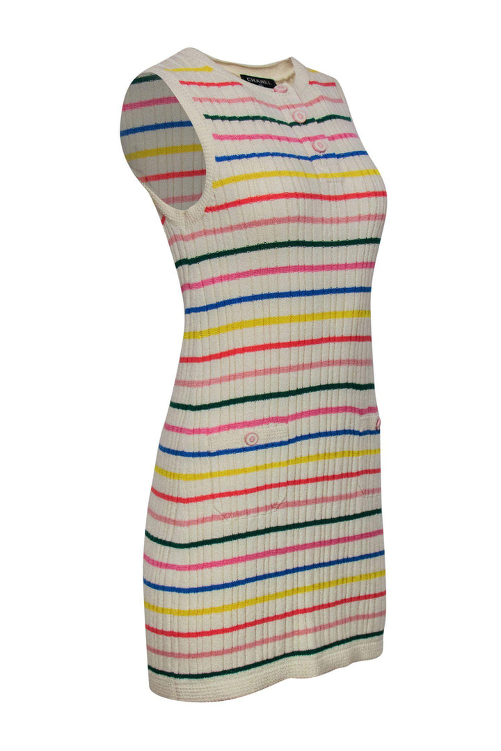 Top Quality Chanel - Cream & Multicolored Striped Sleeveless Ribbed Knit Sweater Dress Sz 4