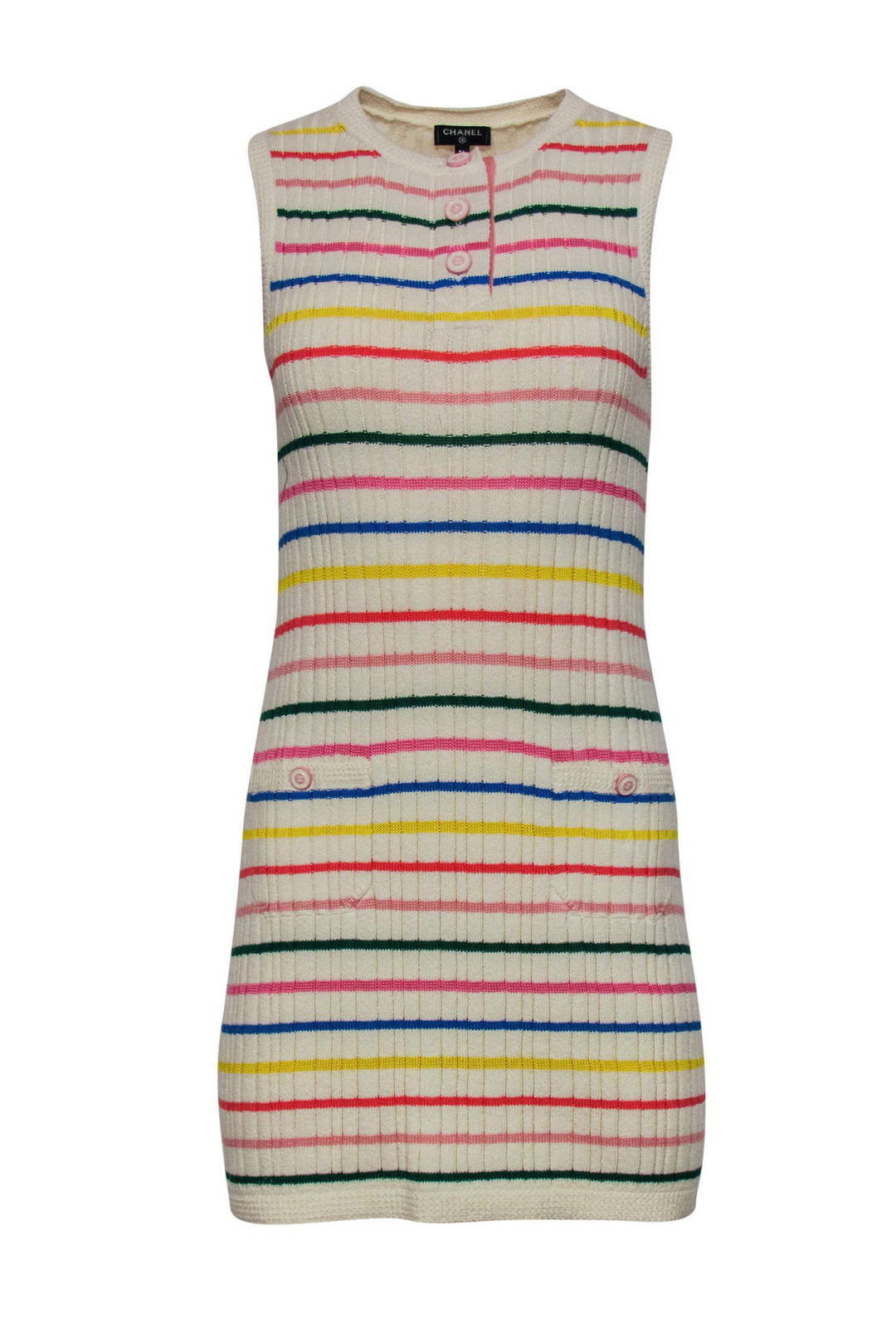 Top Quality Chanel - Cream & Multicolored Striped Sleeveless Ribbed Knit Sweater Dress Sz 4