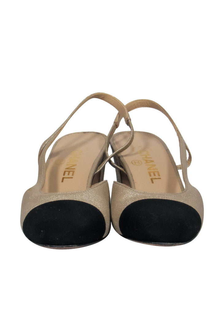 Top Quality Chanel - Gold & Black Slingback Pumps Sz 6