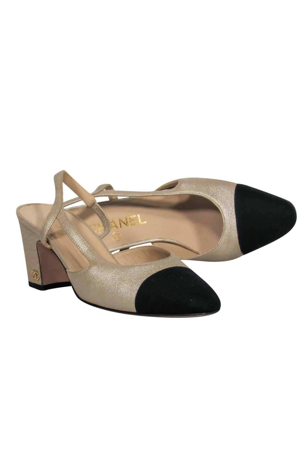 Top Quality Chanel - Gold & Black Slingback Pumps Sz 6