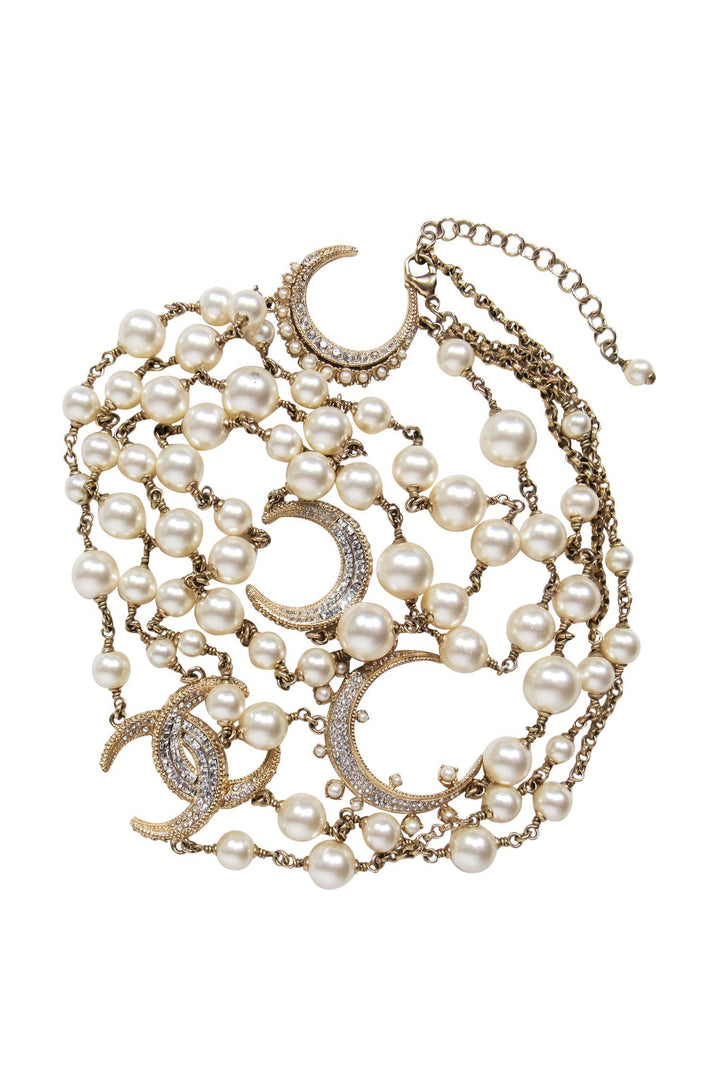 Top Quality Chanel - Gold Faux Pearl Crescent Moon Long Necklace w/ Rhinestones