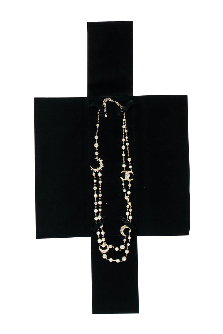 Top Quality Chanel - Gold Faux Pearl Crescent Moon Long Necklace w/ Rhinestones