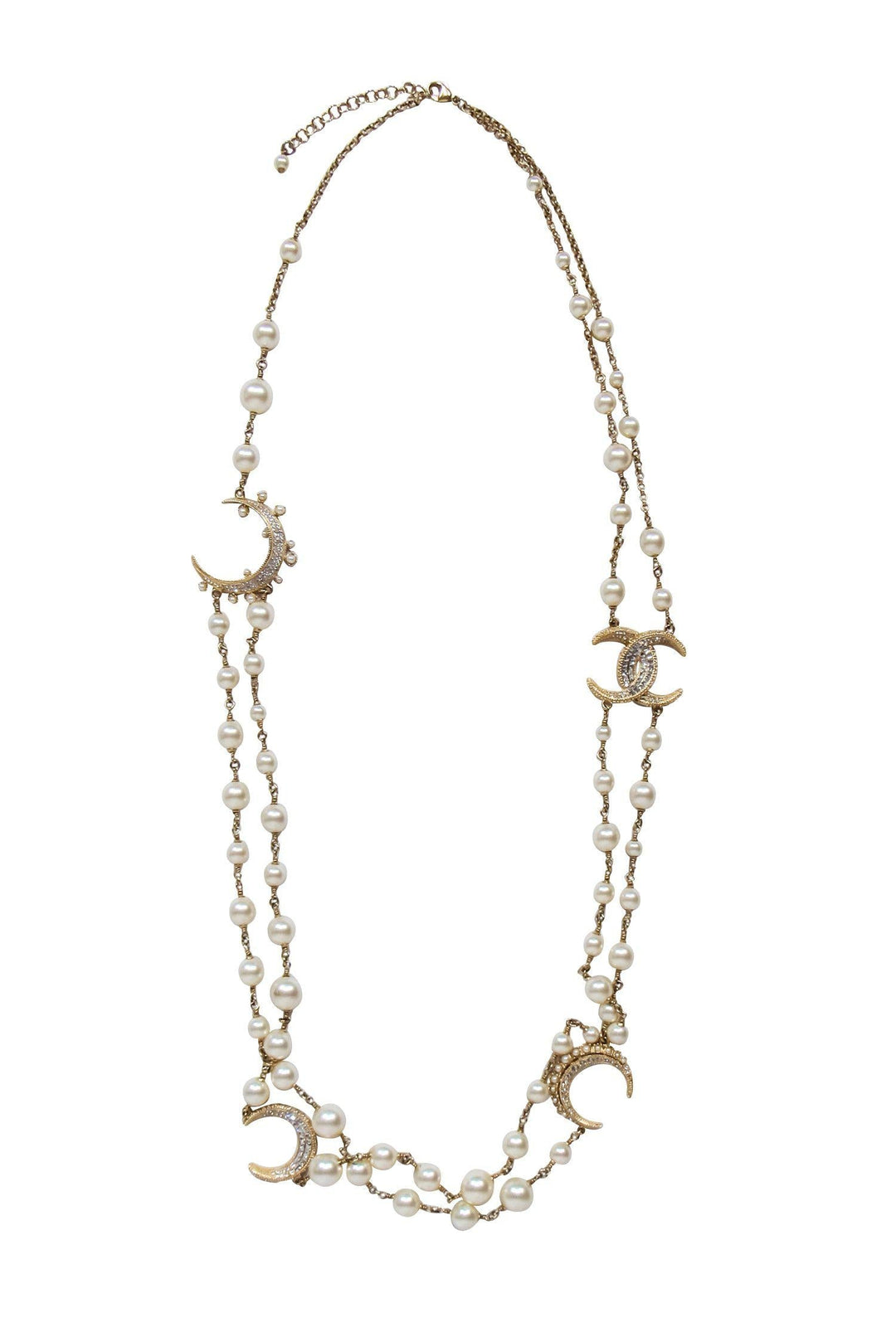 Top Quality Chanel - Gold Faux Pearl Crescent Moon Long Necklace w/ Rhinestones