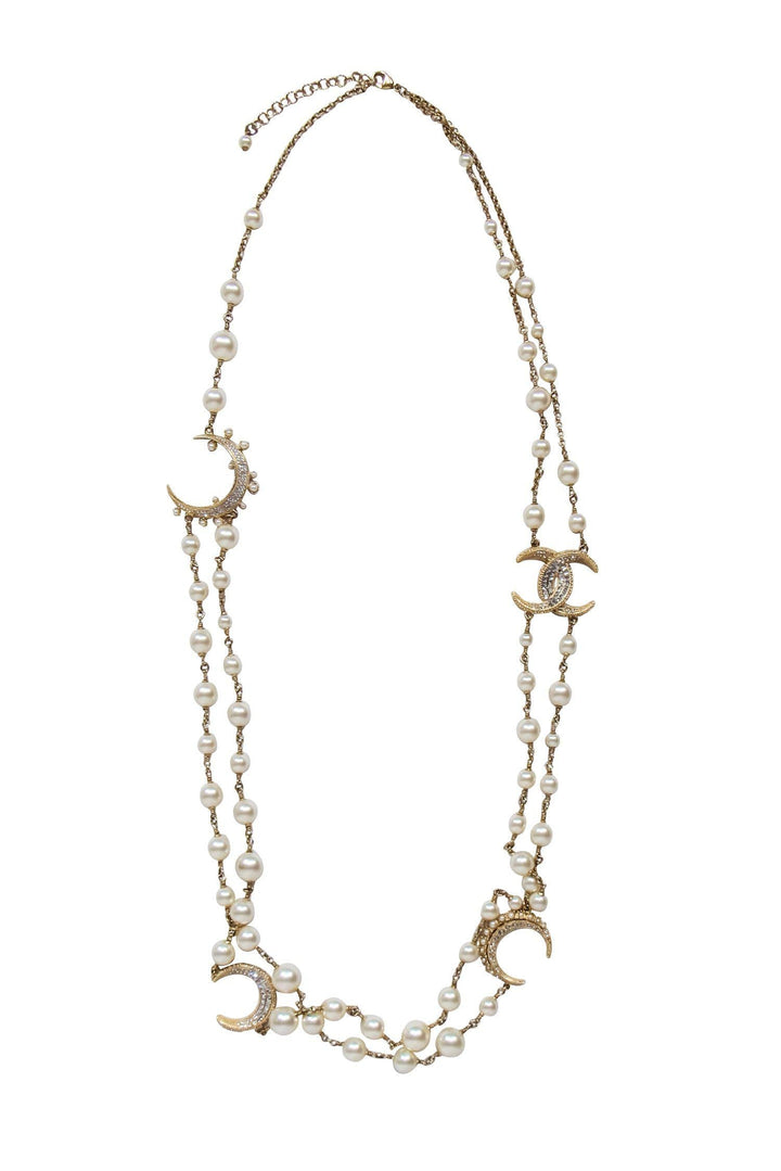 Top Quality Chanel - Gold Faux Pearl Crescent Moon Long Necklace w/ Rhinestones