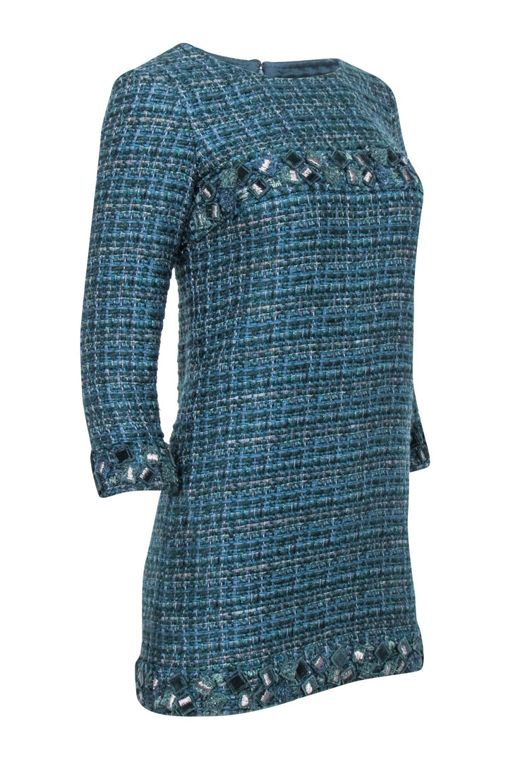 Top Quality Chanel - Green Tweed Long Sleeve Shift Dress Sz 4