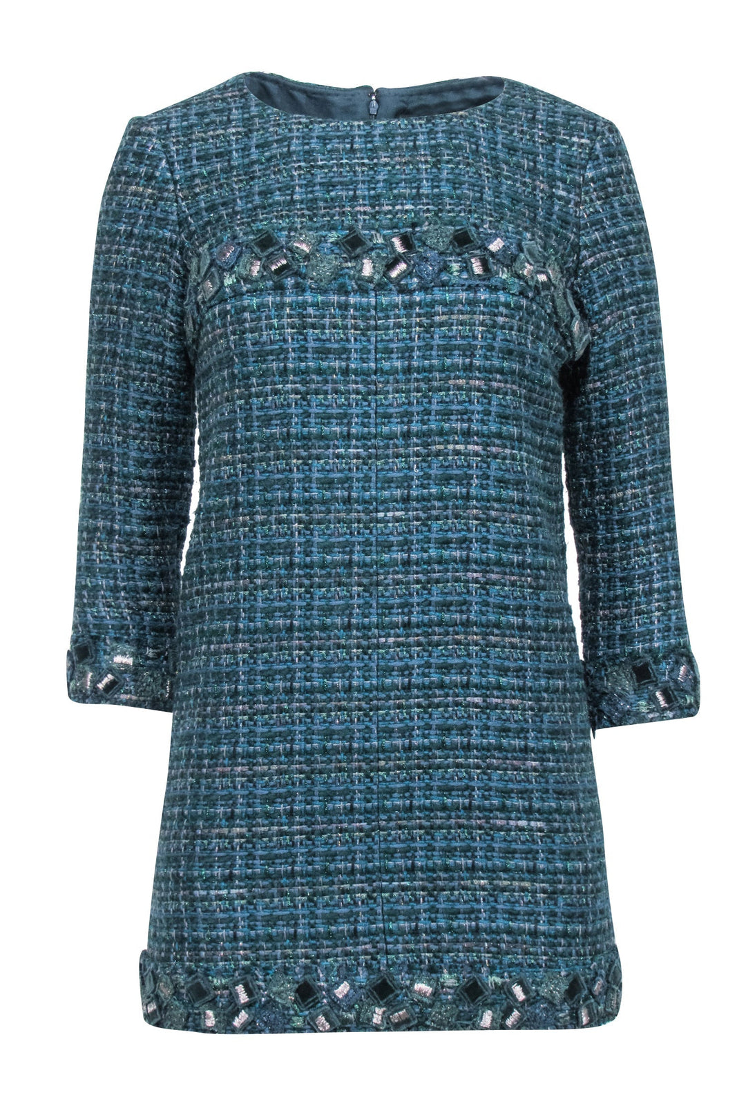 Top Quality Chanel - Green Tweed Long Sleeve Shift Dress Sz 4