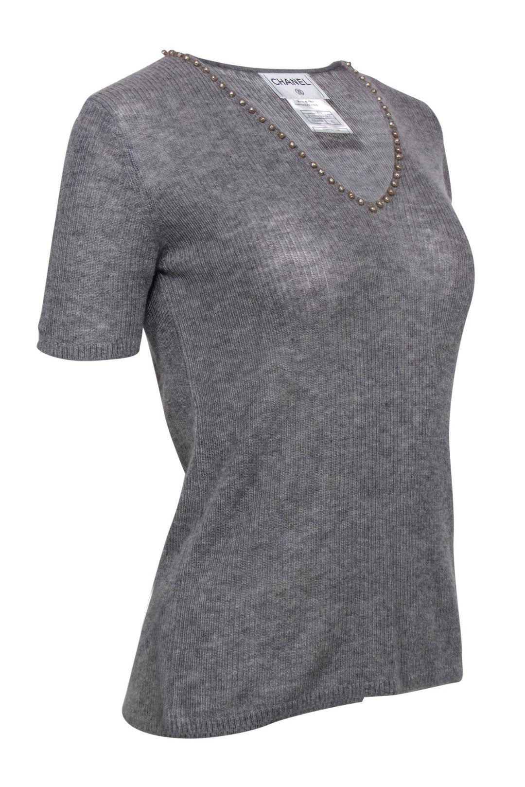Top Quality Chanel - Grey Cashmere Blend Knit Short Sleeve Sweater w/ Pearl Trim Sz 10