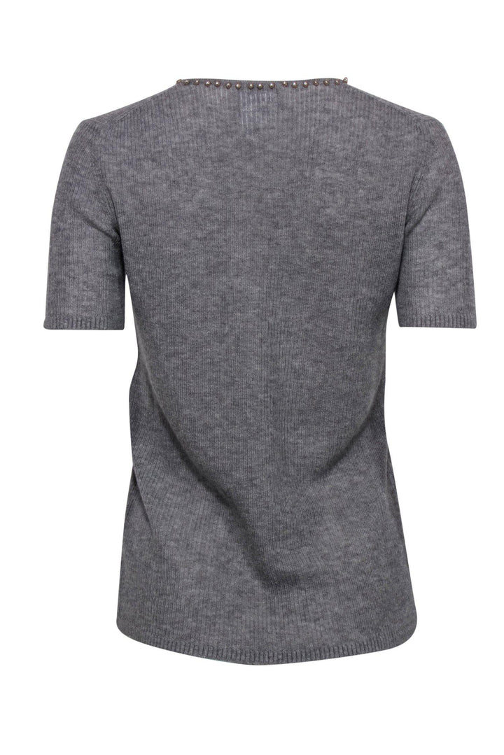 Top Quality Chanel - Grey Cashmere Blend Knit Short Sleeve Sweater w/ Pearl Trim Sz 10