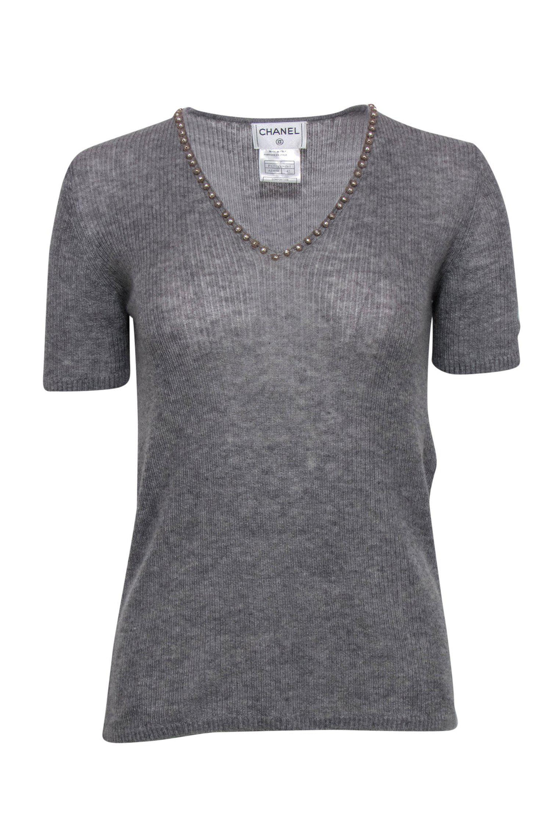 Top Quality Chanel - Grey Cashmere Blend Knit Short Sleeve Sweater w/ Pearl Trim Sz 10