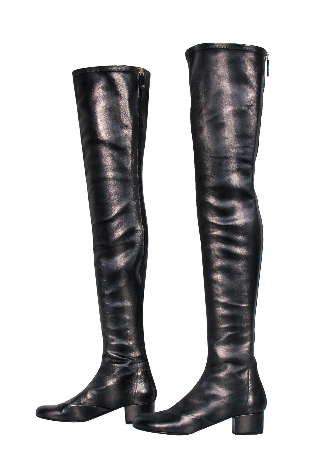 Top Quality Chanel - Gunmetal Shiny Over-the-Knee "Fantasy Stretch Leather" Boots Sz 7