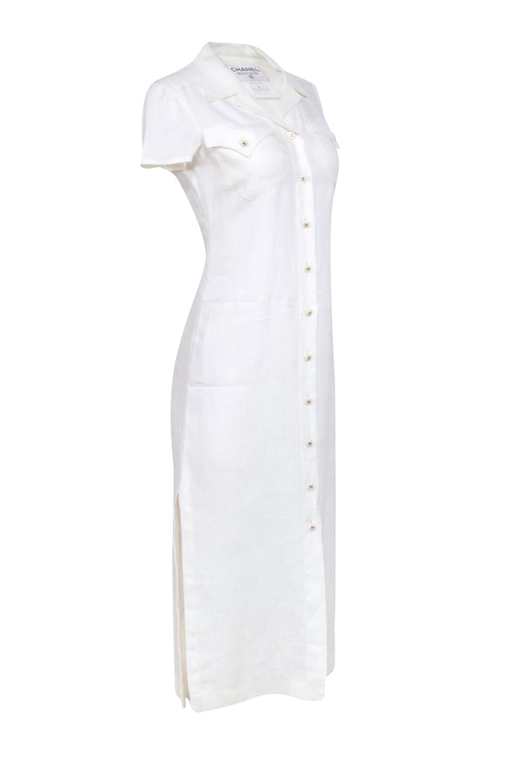 Top Quality Chanel - Ivory Linen Button Front Maxi Dress Sz 4