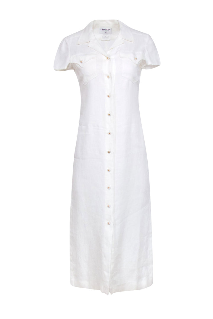 Top Quality Chanel - Ivory Linen Button Front Maxi Dress Sz 4