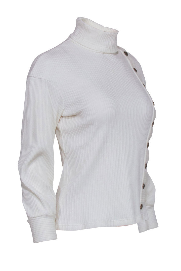 Top Quality Chanel  Ivory Ribbed Knit Long Sleeve Side Button Top Sz 4