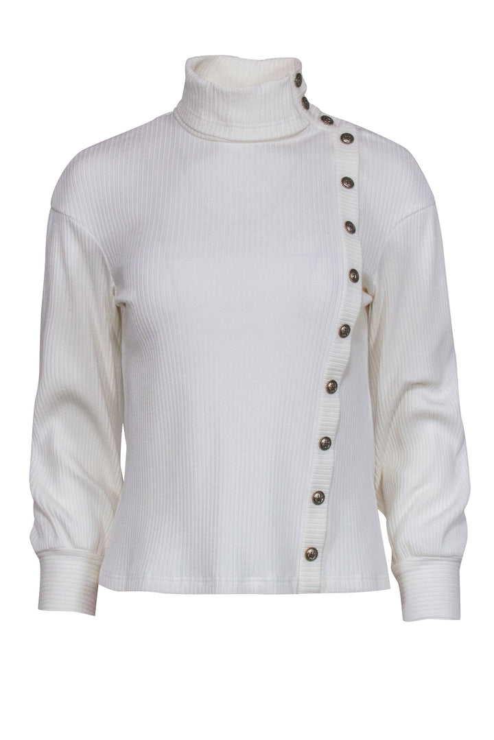 Top Quality Chanel  Ivory Ribbed Knit Long Sleeve Side Button Top Sz 4
