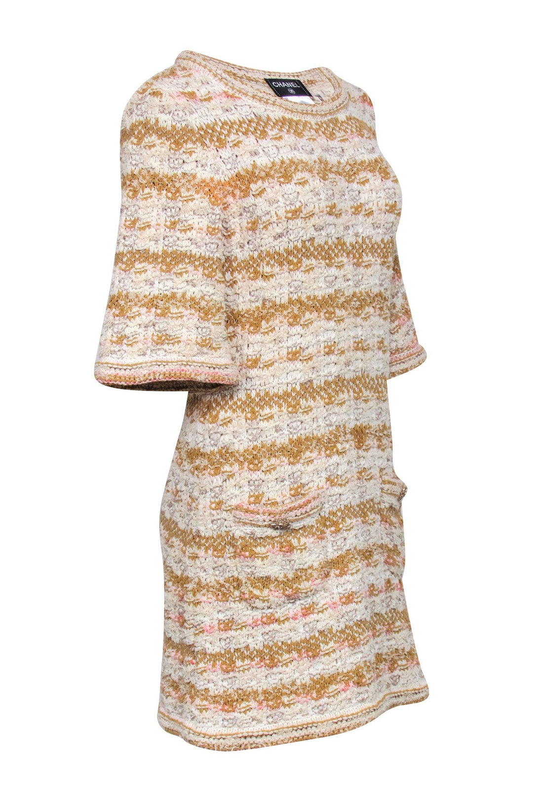 Top Quality Chanel - Ivory, Tan, & Pink Tweed Knit Dress Sz 4