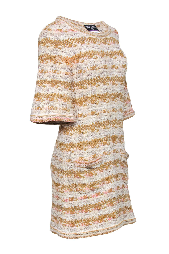 Top Quality Chanel - Ivory, Tan, & Pink Tweed Knit Dress Sz 4