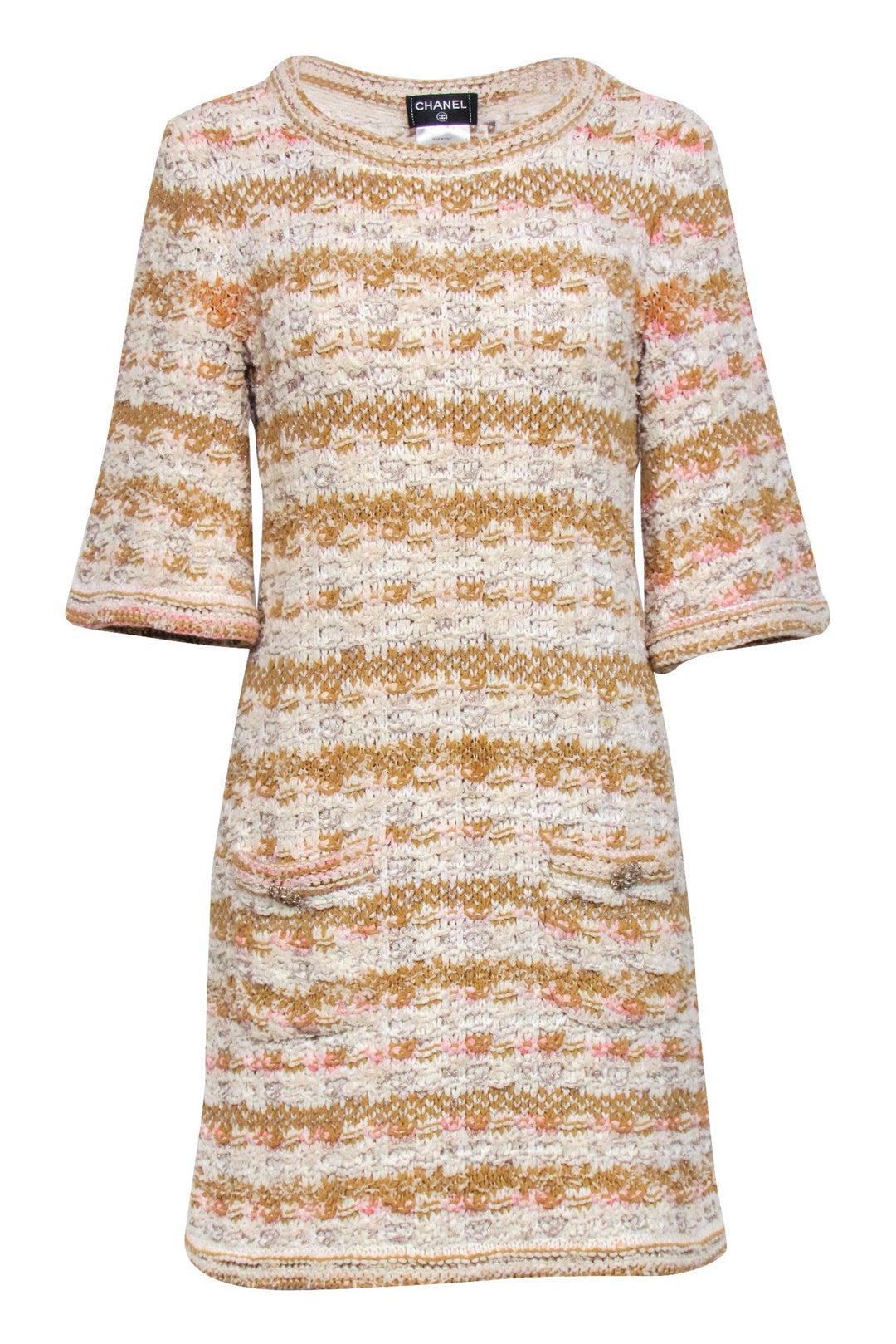 Top Quality Chanel - Ivory, Tan, & Pink Tweed Knit Dress Sz 4