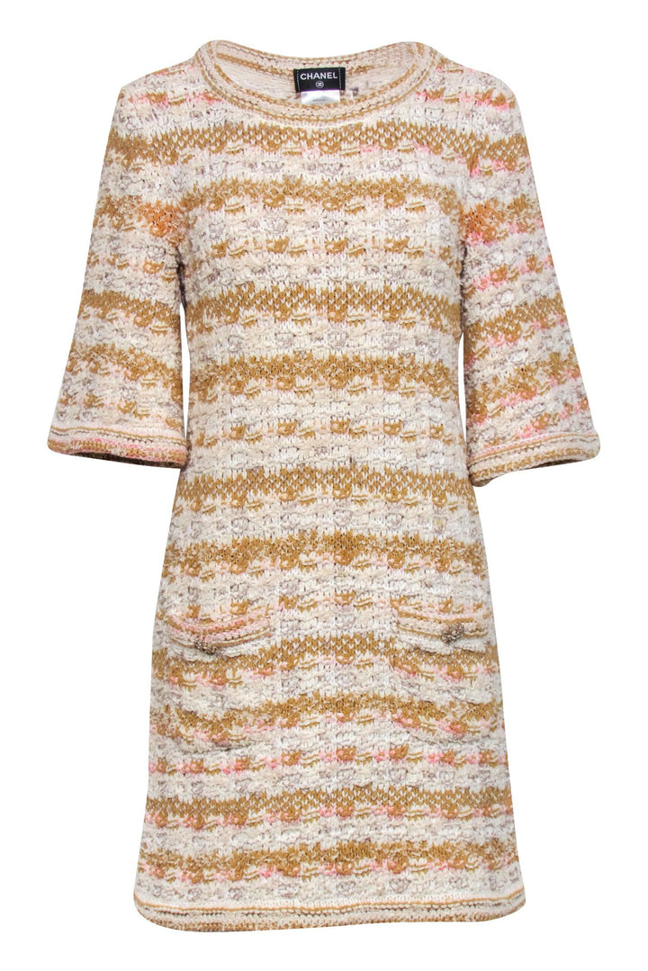 Top Quality Chanel - Ivory, Tan, & Pink Tweed Knit Dress Sz 4