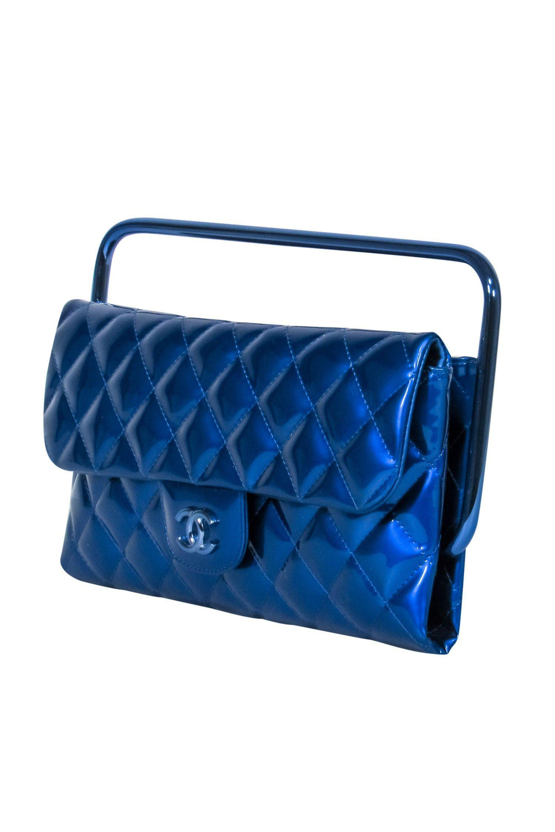 Top Quality Chanel - Metallic Blue Quilted Patent Leather Bar Handle Bag