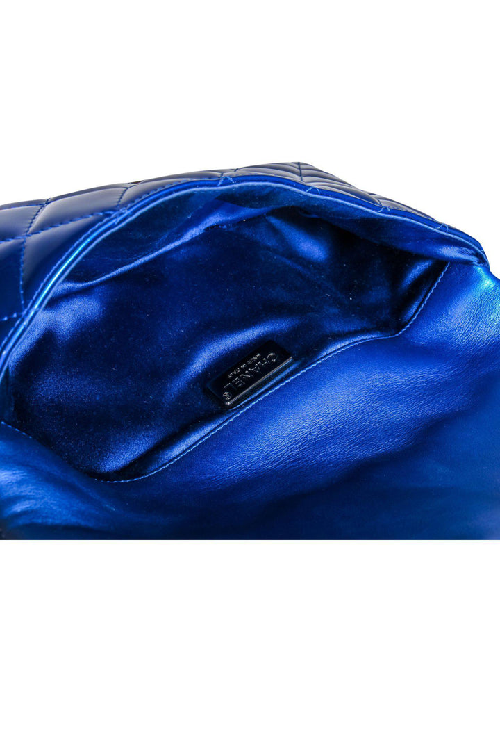 Top Quality Chanel - Metallic Blue Quilted Patent Leather Bar Handle Bag