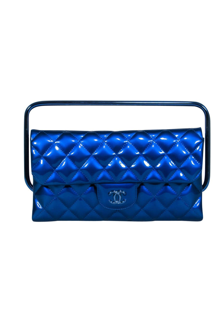 Top Quality Chanel - Metallic Blue Quilted Patent Leather Bar Handle Bag