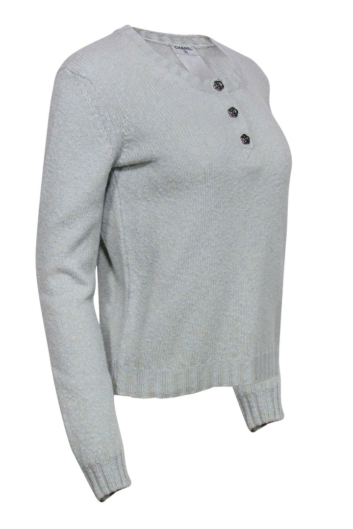 Top Quality Chanel - Mint Green Quarter Button-Up Sweater w/ Flower Buttons Sz 10