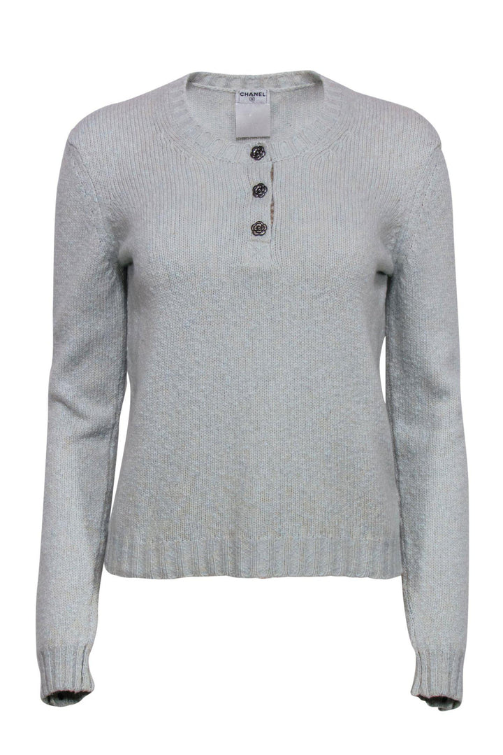 Top Quality Chanel - Mint Green Quarter Button-Up Sweater w/ Flower Buttons Sz 10