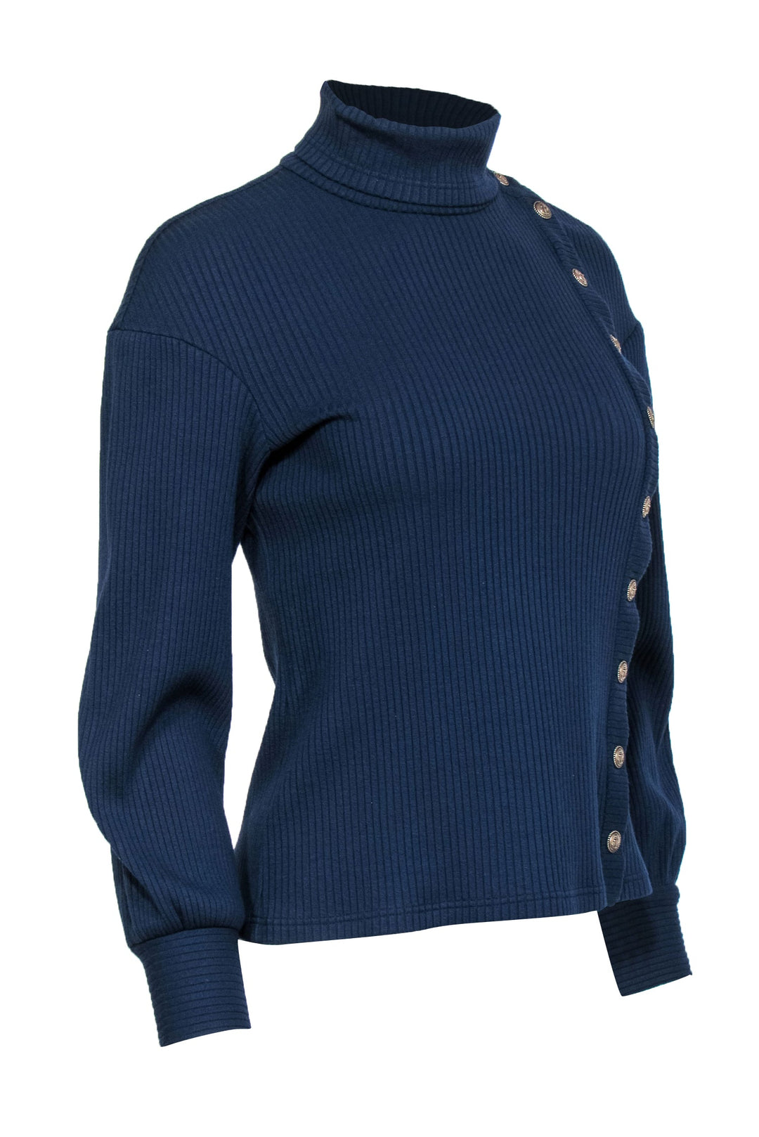 Top Quality Chanel - Navy Ribbed Asymmetrical Anchor Button Sweater Sz M