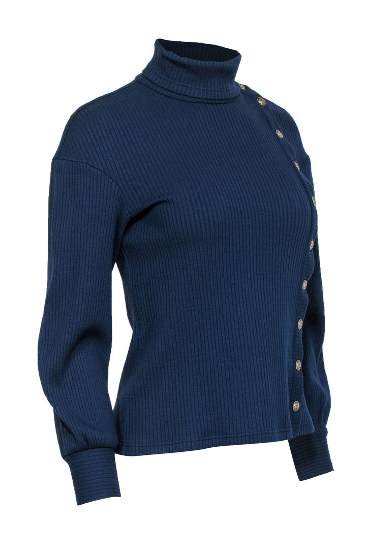 Top Quality Chanel - Navy Ribbed Asymmetrical Anchor Button Sweater Sz M