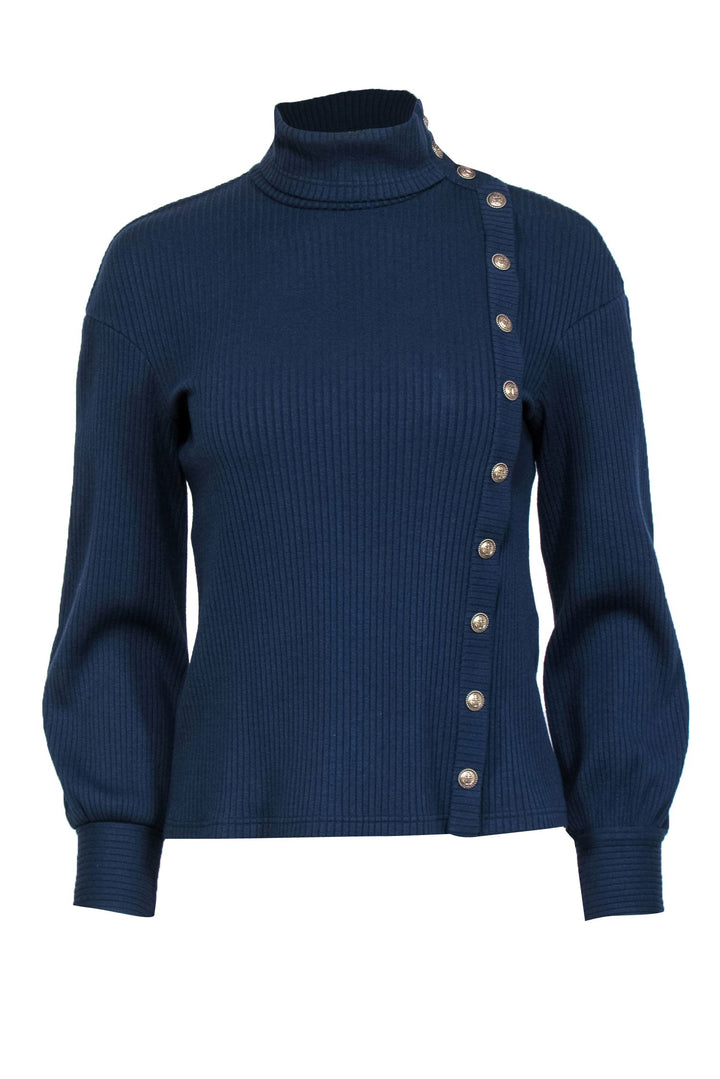 Top Quality Chanel - Navy Ribbed Asymmetrical Anchor Button Sweater Sz M