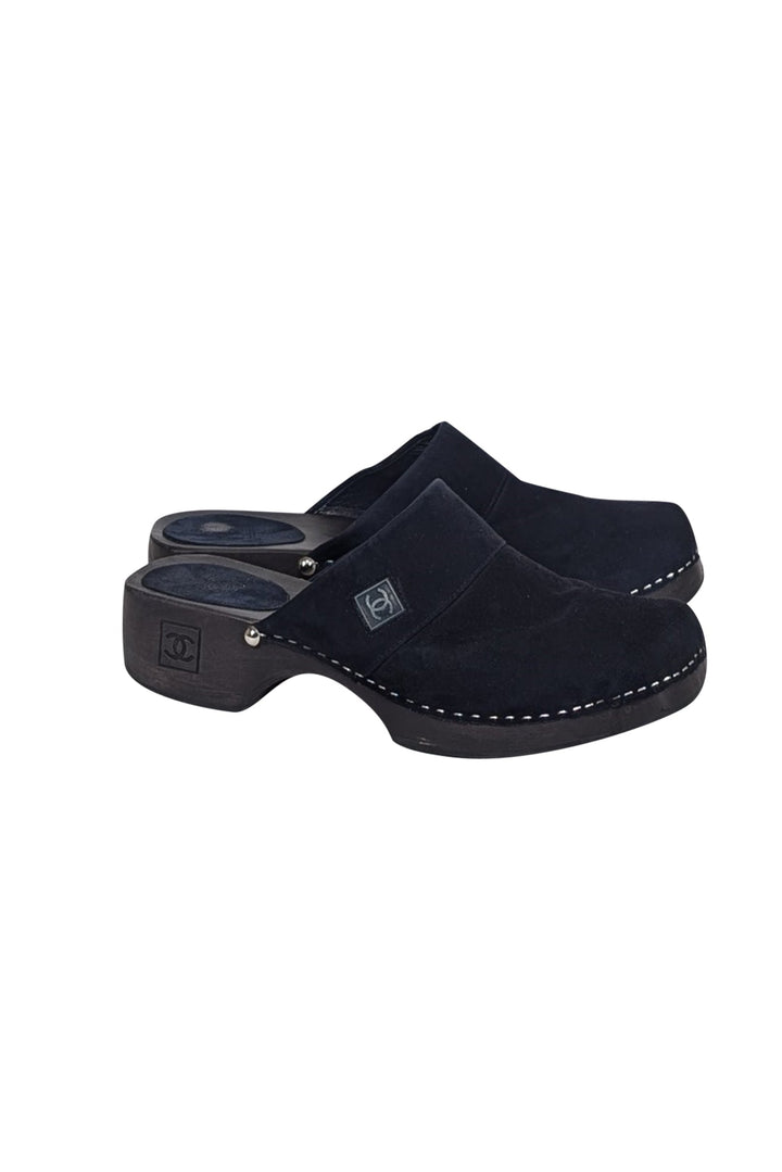 Top Quality Chanel - Navy Suede Clog Mules Sz 11