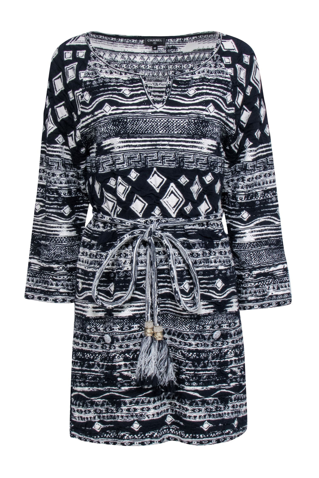 Top Quality Chanel - Navy & White Print Waist Tie Dress Sz 4