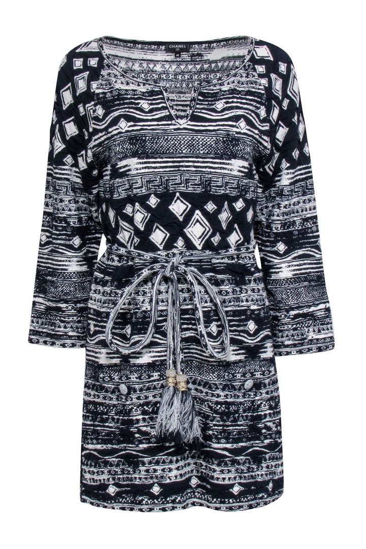 Top Quality Chanel - Navy & White Print Waist Tie Dress Sz 4