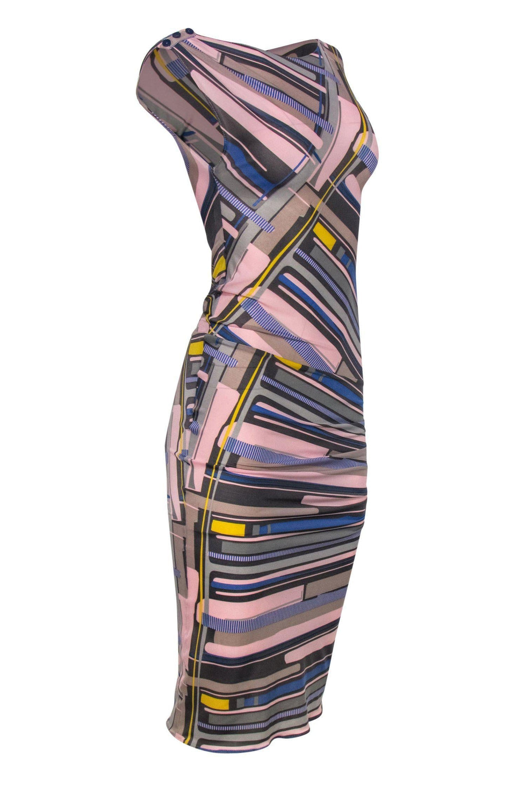 Top Quality Chanel - Pink, Grey & Blue Abstract Print Sleeveless Ruched Maxi Dress Sz 8