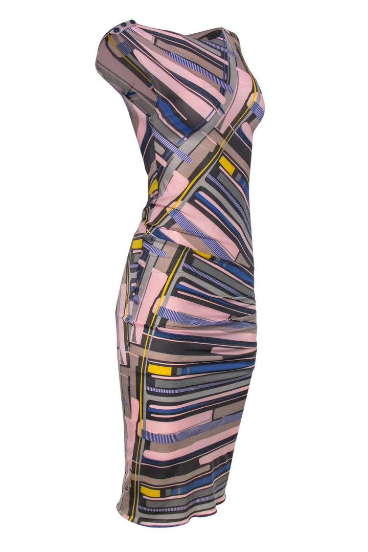Top Quality Chanel - Pink, Grey & Blue Abstract Print Sleeveless Ruched Maxi Dress Sz 8