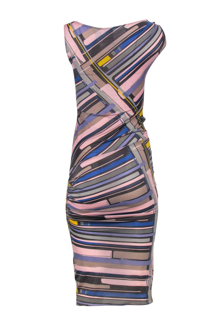 Top Quality Chanel - Pink, Grey & Blue Abstract Print Sleeveless Ruched Maxi Dress Sz 8