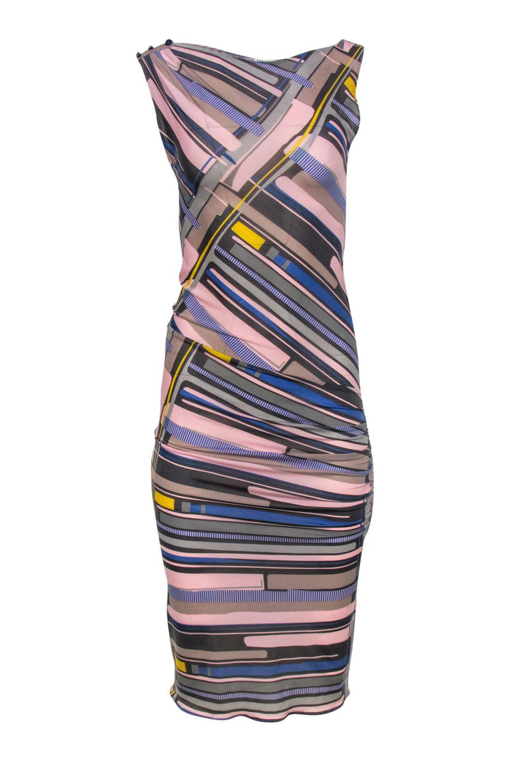 Top Quality Chanel - Pink, Grey & Blue Abstract Print Sleeveless Ruched Maxi Dress Sz 8