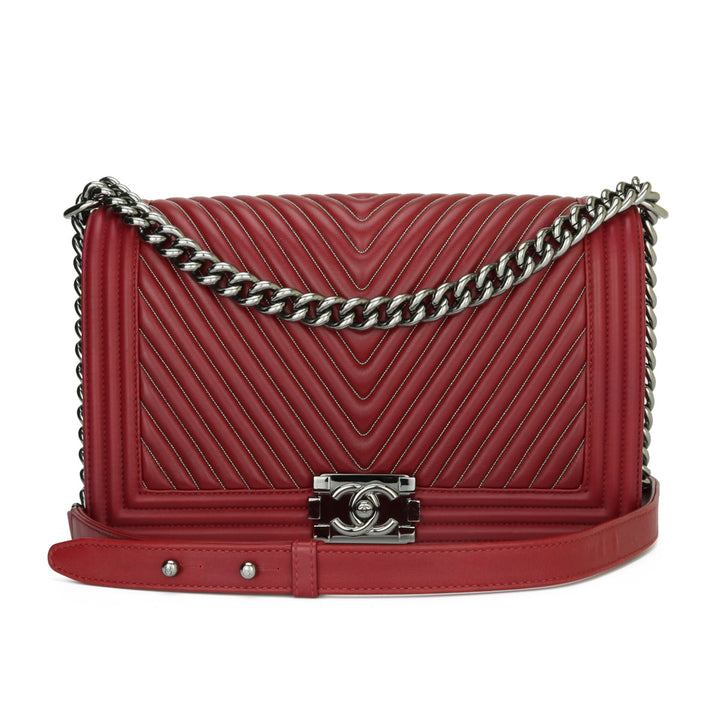 Chanel New Medium Chevron Boy Dark Red Embroidered Calfskin Light Gunmetal Hardware 2014