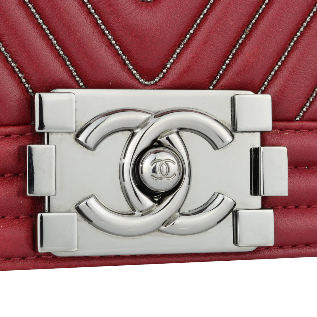 Chanel New Medium Chevron Boy Dark Red Embroidered Calfskin Light Gunmetal Hardware 2014
