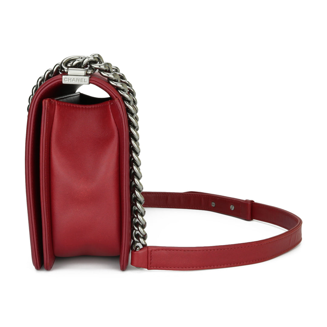 Chanel New Medium Chevron Boy Dark Red Embroidered Calfskin Light Gunmetal Hardware 2014