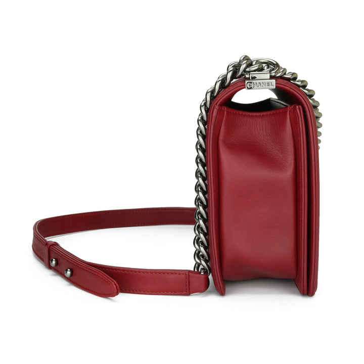 Chanel New Medium Chevron Boy Dark Red Embroidered Calfskin Light Gunmetal Hardware 2014