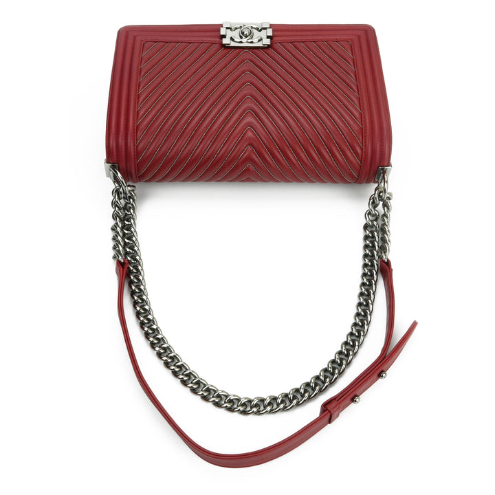 Chanel New Medium Chevron Boy Dark Red Embroidered Calfskin Light Gunmetal Hardware 2014