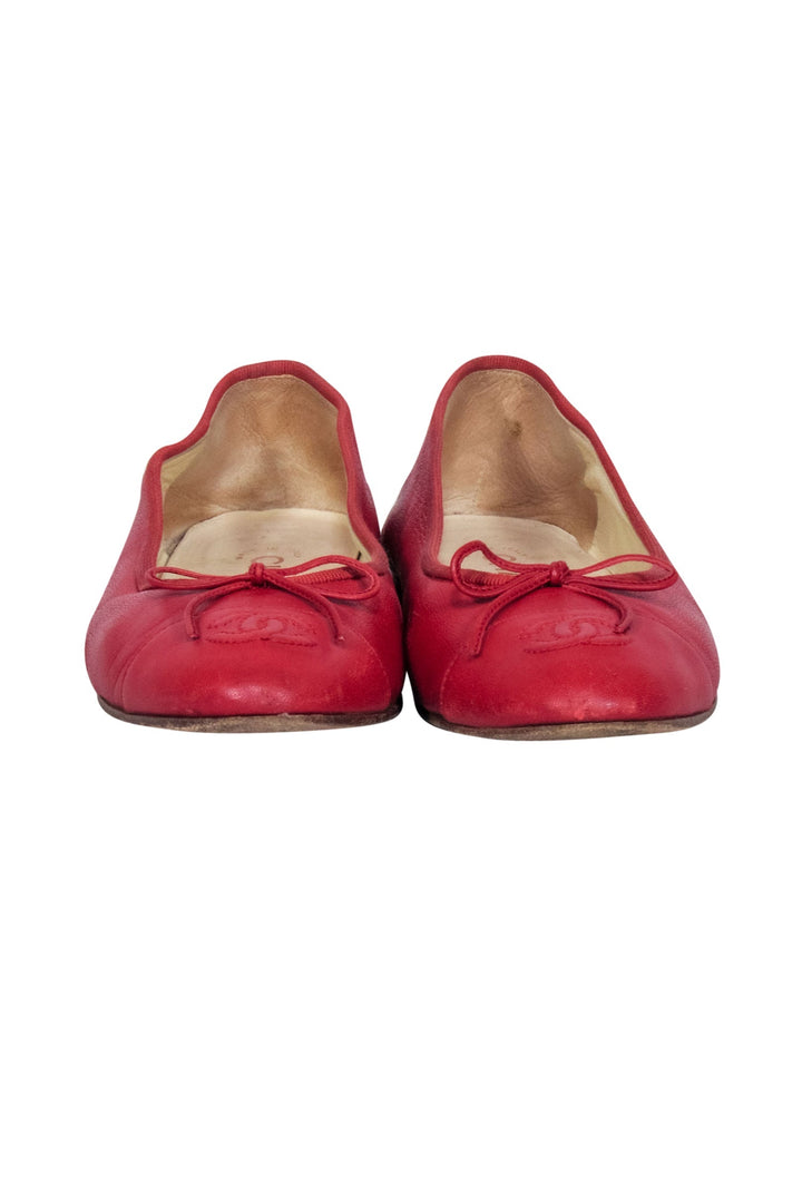 Top Quality Chanel - Red Leather Logo Toe Flats Sz 6.5