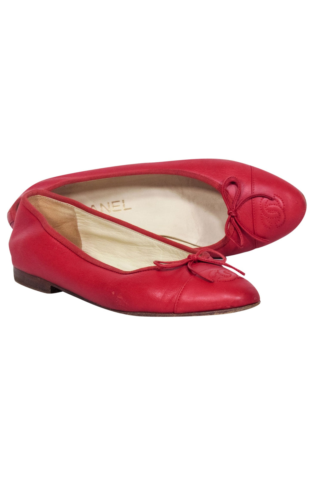 Top Quality Chanel - Red Leather Logo Toe Flats Sz 6.5