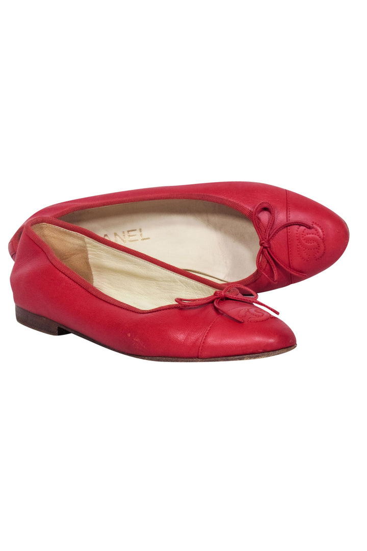 Top Quality Chanel - Red Leather Logo Toe Flats Sz 6.5