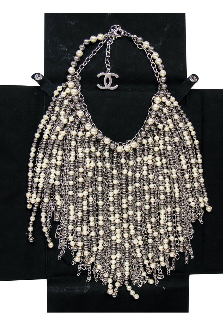 Top Quality Chanel - Silver Chain & Faux Pearl Large Fringe Necklace